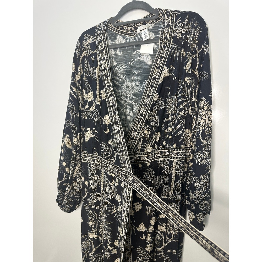 NWT H&M Long Sleeved Wrap Dress Tie Waist Black Cream Floral Print Midi Maxi XL - Picture 4 of 12
